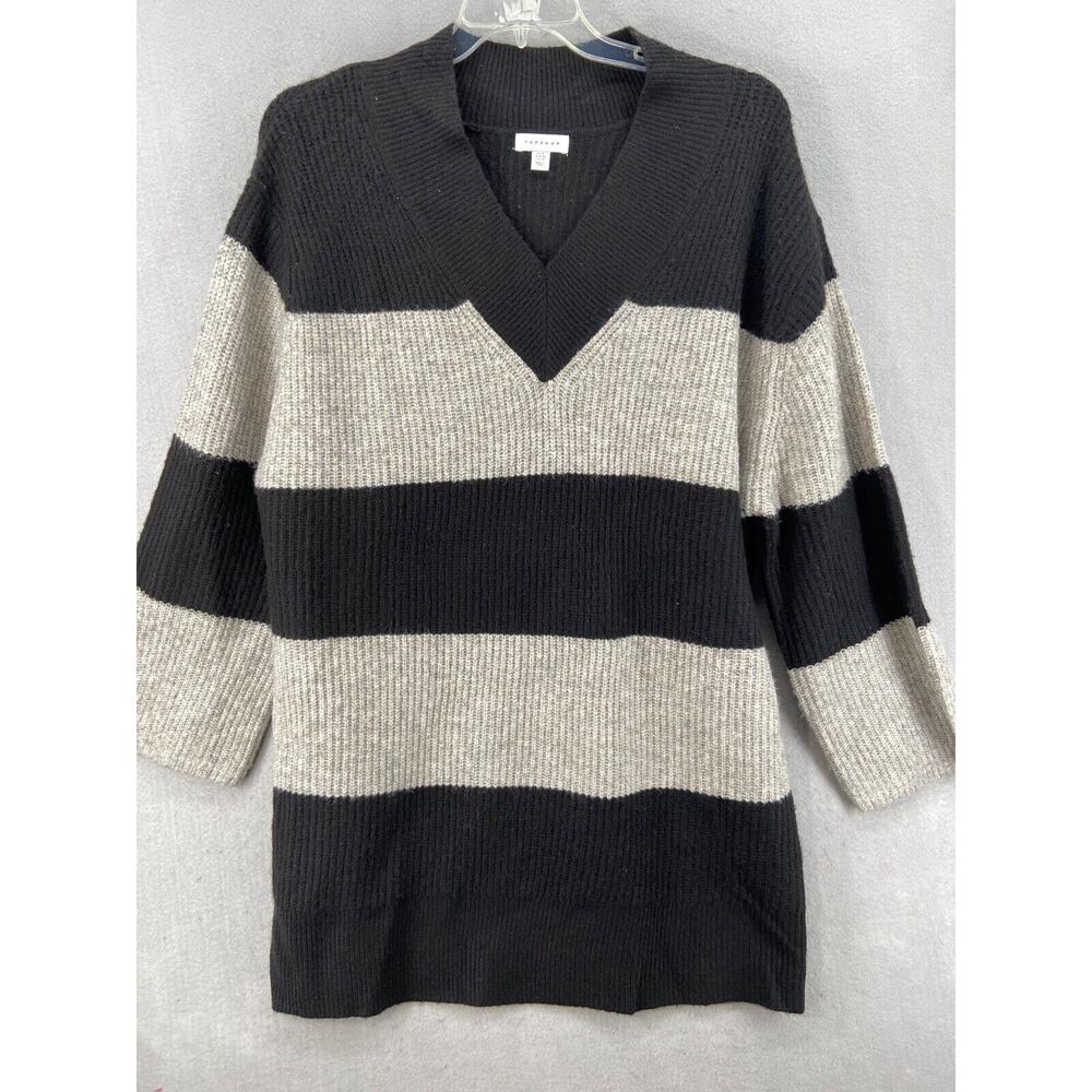 Topshop Dress Womens Sz 14 Ivory Black Stripe Sweater Long Sleeve V-Neck